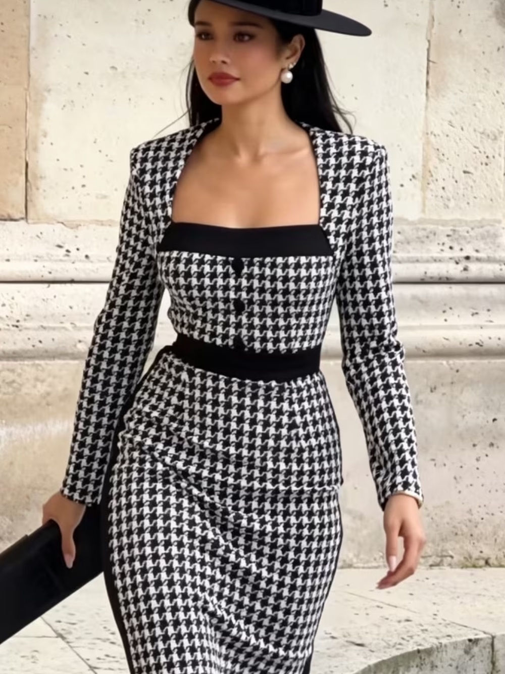 Women'S Elegant Retro Plaid Square-Neck Mid-Length Dress, Stylish Long Sleeves